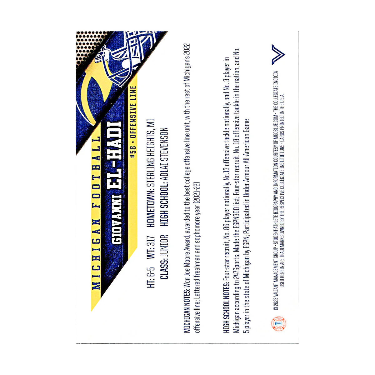 Giovanni El-Hadi Michigan Wolverines Autographed Signed 2023 Valiant Trading Card (CX Champions Circle LOA) - Image 2