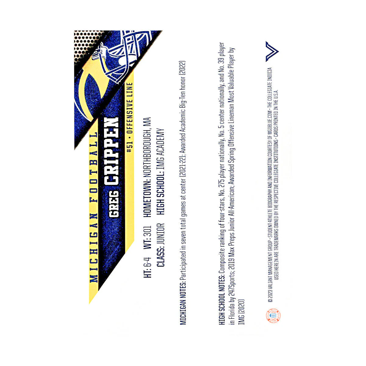Greg Crippen Michigan Wolverines Autographed Signed 2023 Valiant Trading Card (CX Champions Circle LOA) - Image 2