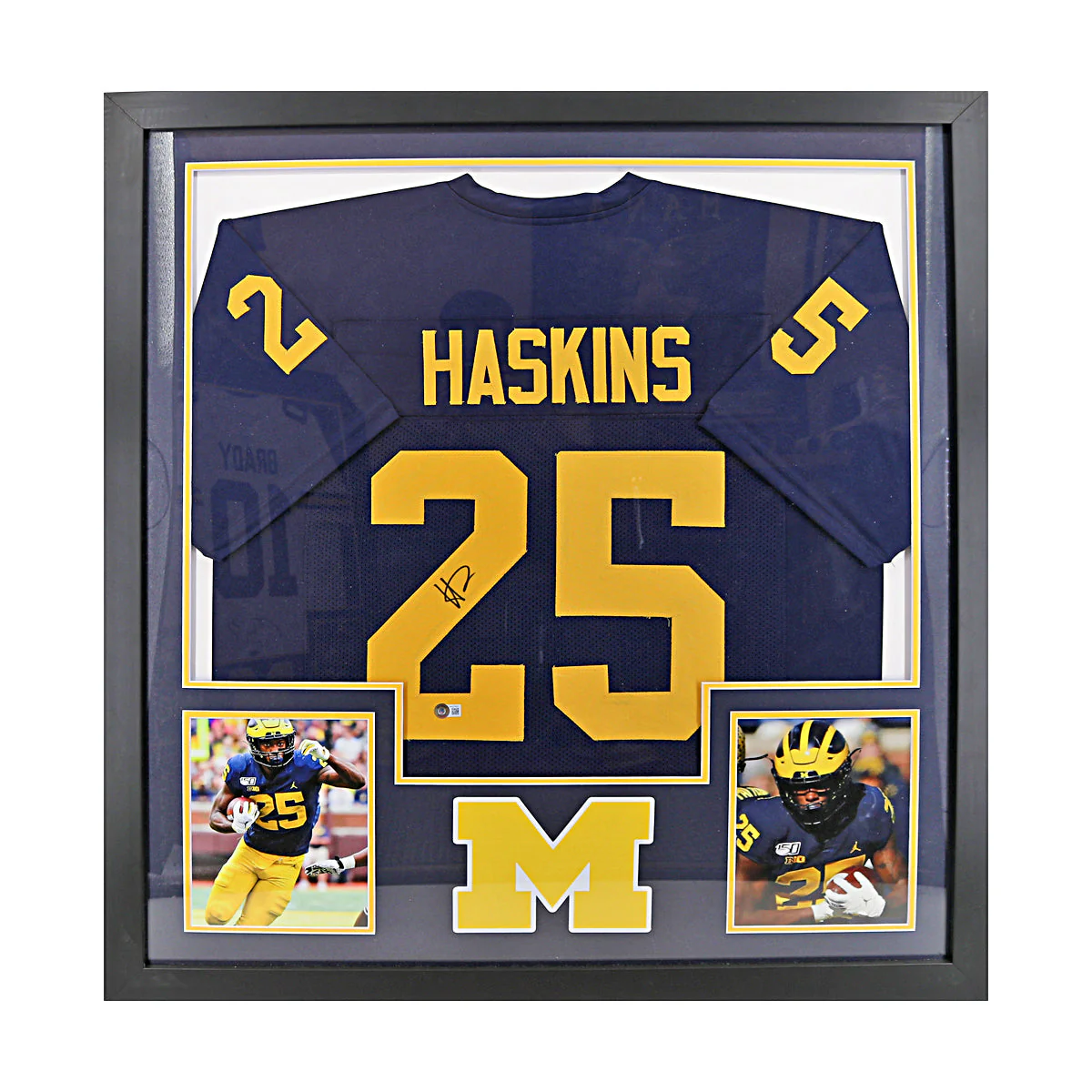 Hassan Haskins Signed Michigan Framed Pro-Style Blue Jersey (Beckett Auth)