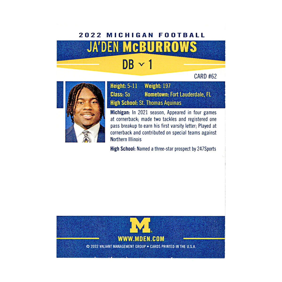 Ja'Den McBurrows Michigan Wolverines Autographed Signed 2022 Valiant Trading Card (CX Champions Circle LOA) - Image 2