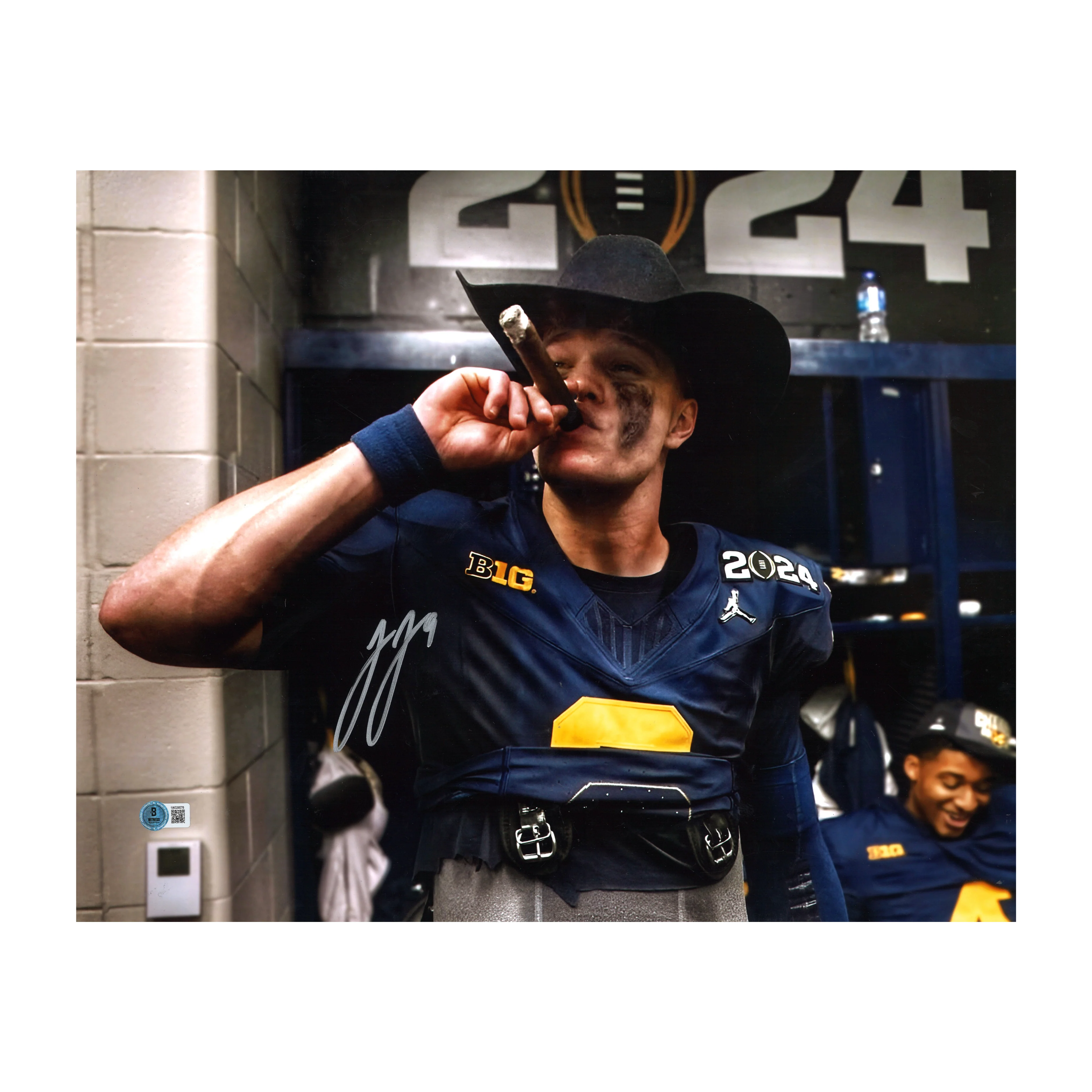 JJ McCarthy University of Michigan Autographed Signed Celebrating in Cowboy Hat 16x20 Photograph (Beckett Auth)