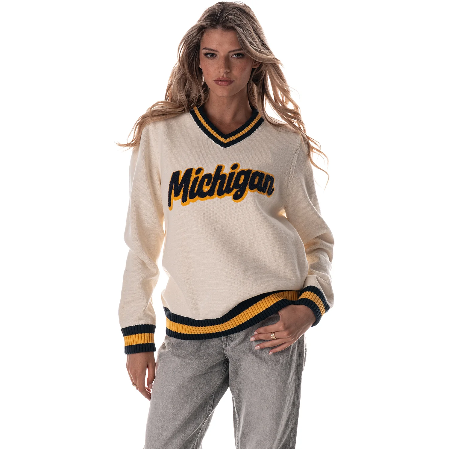 Michigan Wolverines Women's Crewneck Jacquard V-Neck Sweater