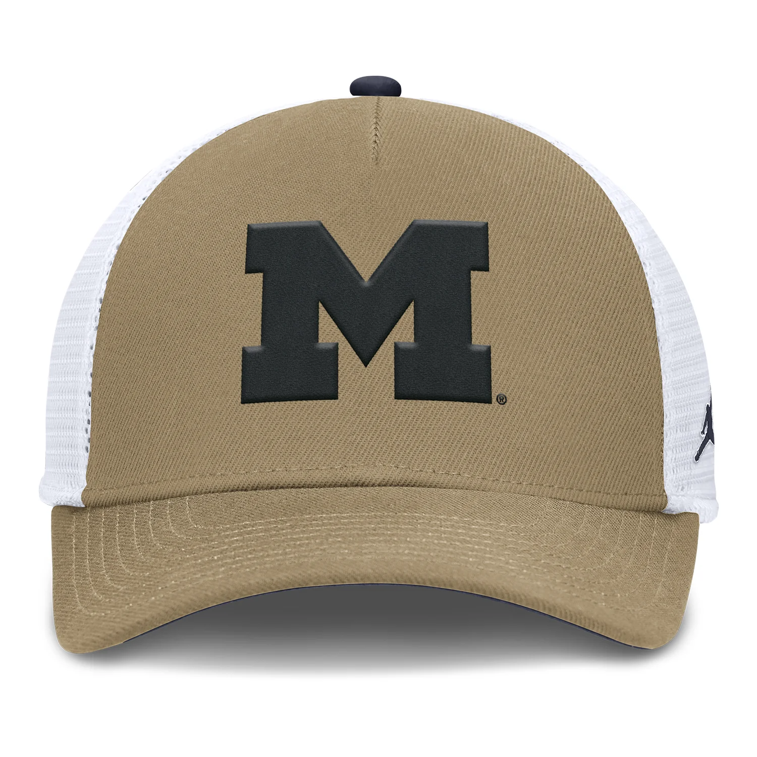 Michigan Wolverines Jordan Rise 5 Pannel Tan Trucker Hat - Image 3