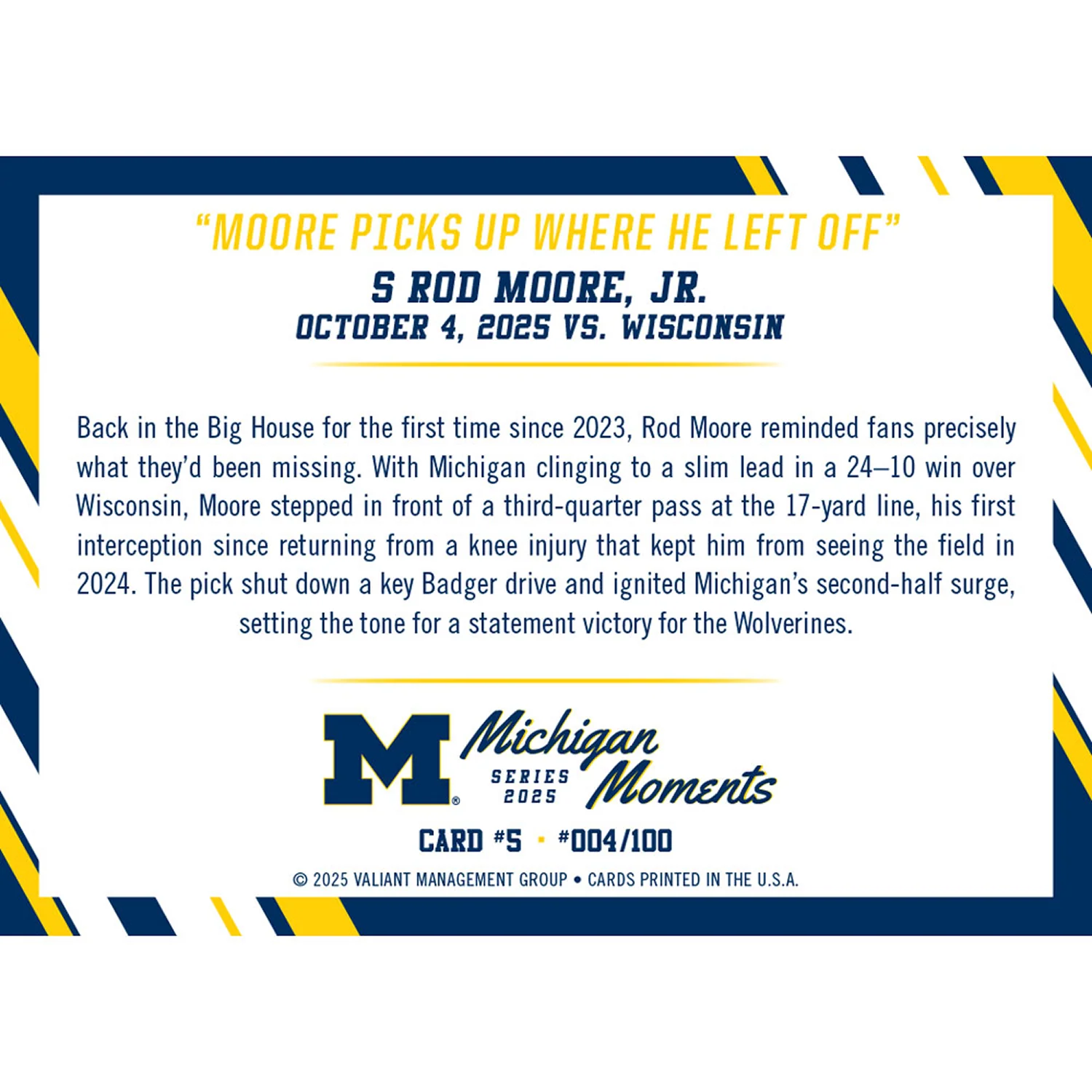 Valiant University of Michigan Football Rod Moore 2025 Michigan Moments Trading Card vs. Wisconsin - Image 3