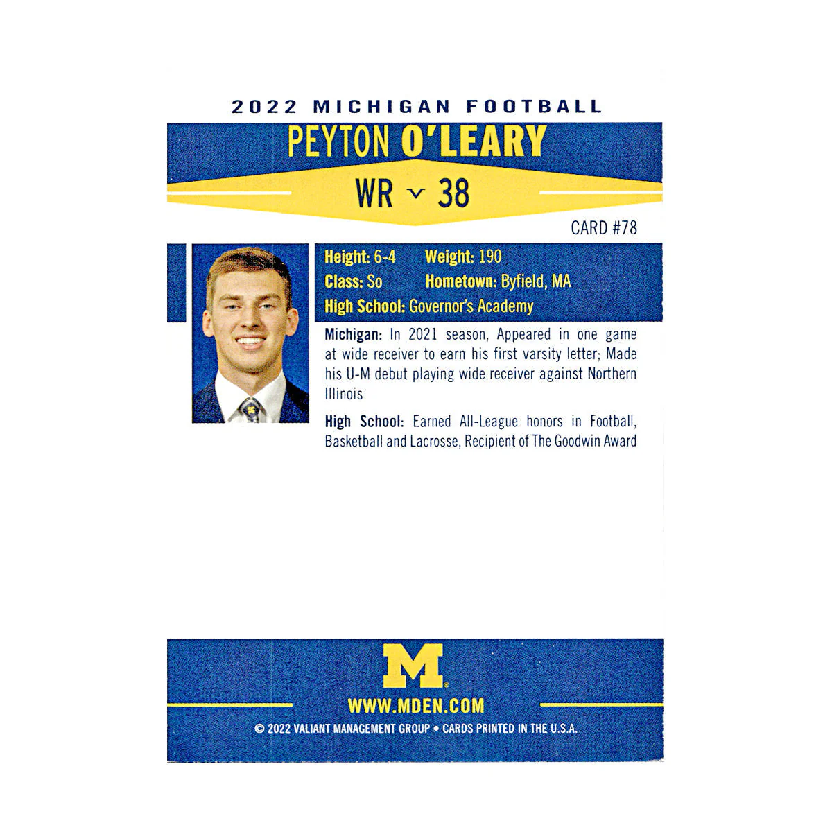 Peyton O'Leary Michigan Wolverines Autographed Signed 2022 Valiant Trading Card (CX Champions Circle LOA) - Image 2