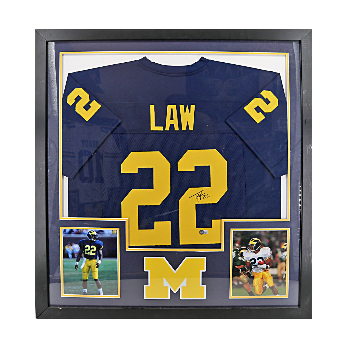 Ty Law Signed Michigan Wolverines Framed Pro-Style Blue Jersey (Beckett Auth)