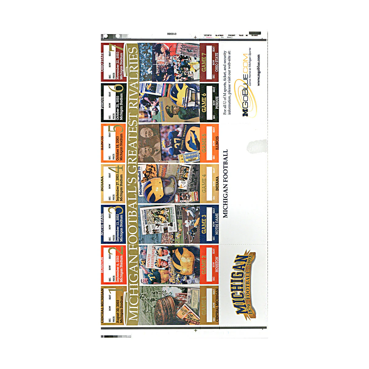 University of Michigan 2003 Home Season Ticket Strip   Undefeated Home Season